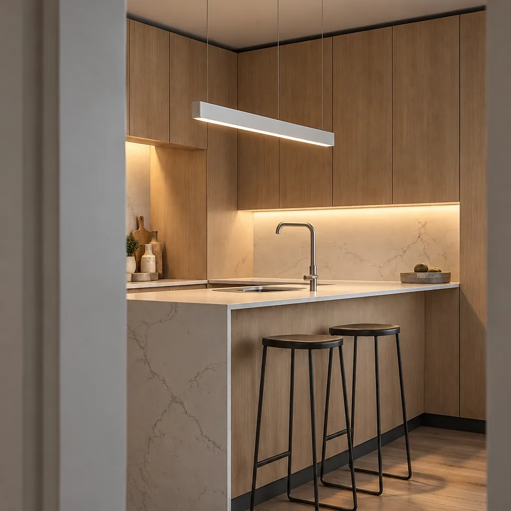 Cocina iluminada con luminaria lineal suspendida